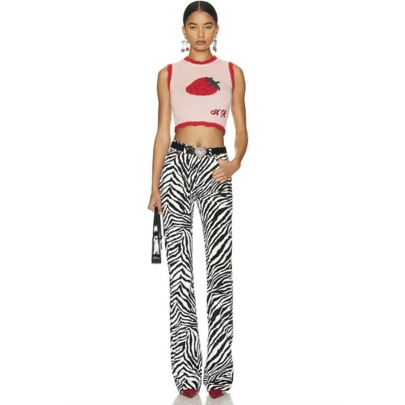 Alessandra Rich Zebra Print Velvet Flared Trousers Black & White - Picture 1 of 4